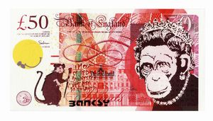 Banksy - Dismal sterling canvas. Monkey queen and rat.