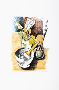 Renato Guttuso - Natura morta con rosa e pennelli