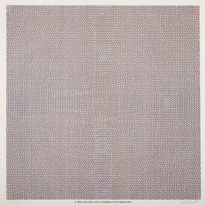 Sol LeWitt - Black grid, yellow circles, red and blue arcs from opposite sides