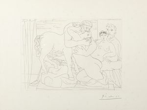Pablo Picasso - Sculpteur et son modle avec un groupe sculpt rpresentant un centaure embrassant une femme, Suite Vollard tav. 58