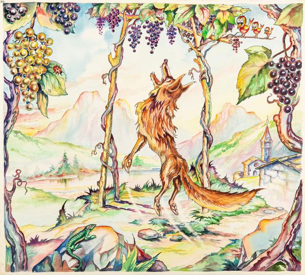 L. Lucchetti : Favole esopiane - La volpe e l'uva  - Asta Bozzetti cinematografici - Associazione Nazionale - Case d'Asta italiane