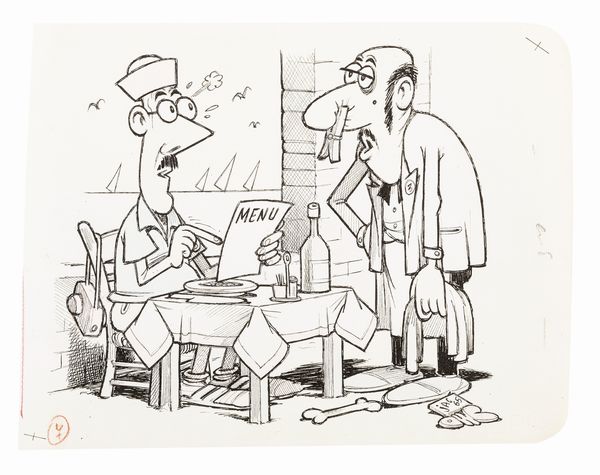 Benito Jacovitti : Ristorante di pesce  - Asta Bozzetti cinematografici - Associazione Nazionale - Case d'Asta italiane