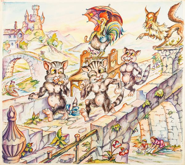 L. Lucchetti : Favole esopiane - Il gallo portato in lettiga dai gatti  - Asta Fumetti: Tavole e Illustrazioni Originali - Associazione Nazionale - Case d'Asta italiane