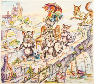 L. Lucchetti - Favole esopiane - Il gallo portato in lettiga dai gatti