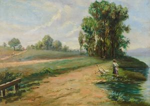 Anonimo dell'800 - Fanciulla al fiume con anatre