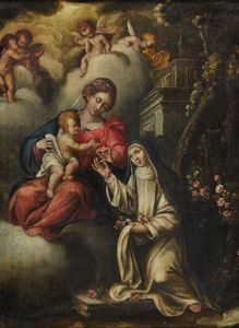 Scuola Marchigiana fine sec XVI - Madonna con bambina Santa Caterina e angeli