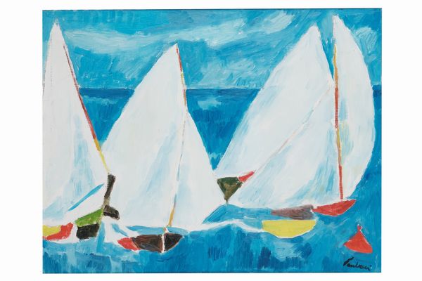 ENRICO PAULUCCI (Genova, 1901 - Torino, 1999)  Vele su sfondo blu, anni 70  - Asta ARTE MODERNA, CONTEMPORANEA E DIPINTI DEL XIX SECOLO - Associazione Nazionale - Case d'Asta italiane