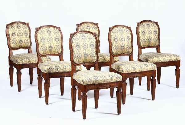Sei sedie Luigi XVI in noce, fine XVIII secolo-inizio XIX  - Asta Antiquariato - Associazione Nazionale - Case d'Asta italiane