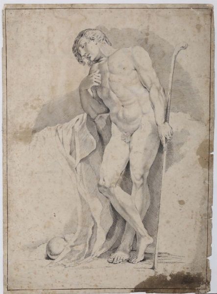 Studio di accademia raffigurante un giovane ignudo con un bastone in mano  - Asta Antiquariato - Associazione Nazionale - Case d'Asta italiane