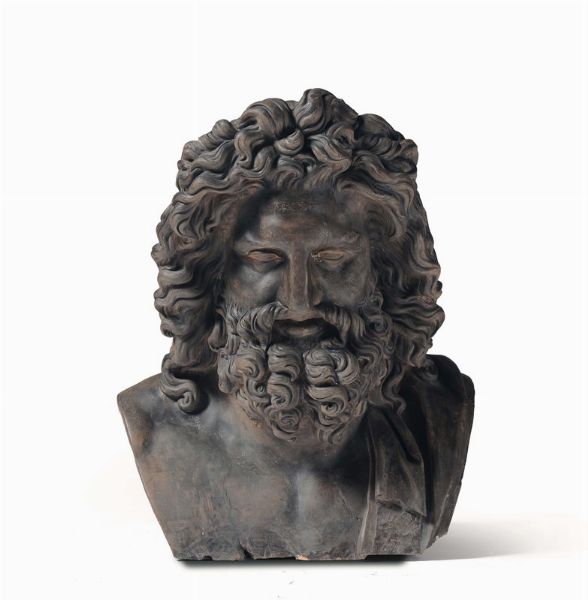 Busto di Zeus in terracotta a patina scura, XIX secolo  - Asta Antiquariato - Associazione Nazionale - Case d'Asta italiane