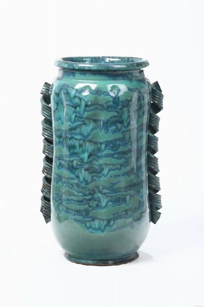 Grande vaso a cilindro in ceramica smaltata verde, marcato Batini, Firenze anni 30  - Asta Antiquariato - Associazione Nazionale - Case d'Asta italiane