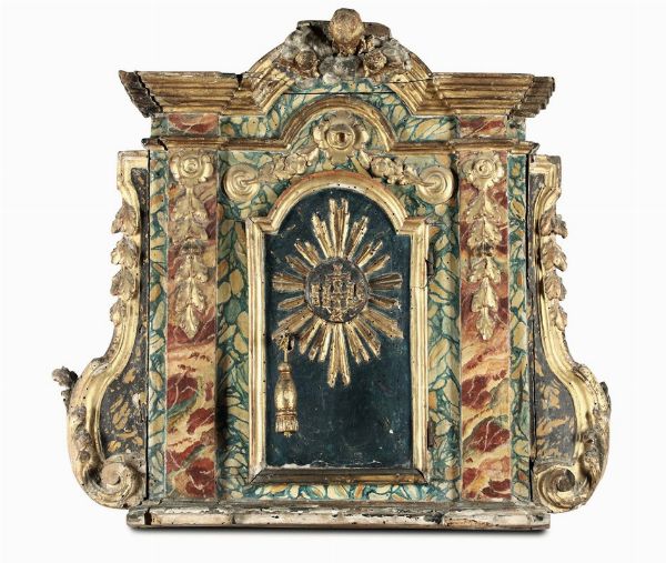 Sportello di ciborio in legno intagliato, dipinto e dorato, XVIII secolo  - Asta Antiquariato - Associazione Nazionale - Case d'Asta italiane