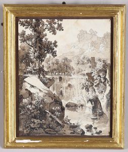 Leblanc Alexandre - Paesaggio con cascata ed un personaggio assiso