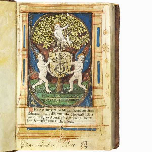 (Libro d’ore - Illustrati 500)   Hore diuine virginis Marie secundum vsum Romanum cum alijs multis folio sequenti notatis vna cum figuris Apocalipsis & destructio Hierusalem & multis figuris, Biblie insertis.   (Parisius nouiter īpressum p[er] Germano Hardouyn Librario. Cōmorante inter duas portas Palatij ad intersignium sancte margarete. Anno dñi. M.ccccc.xxxiij). [1533].  - Asta LIBRI, MANOSCRITTI E AUTOGRAFI - Associazione Nazionale - Case d'Asta italiane