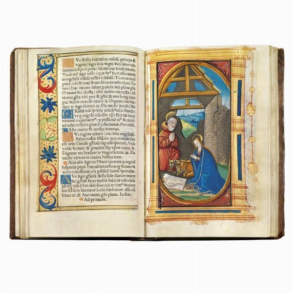 (Libro d’ore - Illustrati 500)   Hore diuine virginis Marie secundum vsum Romanum cum alijs multis folio sequenti notatis vna cum figuris Apocalipsis & destructio Hierusalem & multis figuris, Biblie insertis.   (Parisius nouiter īpressum p[er] Germano Hardouyn Librario. Cōmorante inter duas portas Palatij ad intersignium sancte margarete. Anno dñi. M.ccccc.xxxiij). [1533].  - Asta LIBRI, MANOSCRITTI E AUTOGRAFI - Associazione Nazionale - Case d'Asta italiane