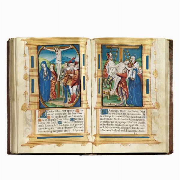 (Libro d’ore - Illustrati 500)   Hore diuine virginis Marie secundum vsum Romanum cum alijs multis folio sequenti notatis vna cum figuris Apocalipsis & destructio Hierusalem & multis figuris, Biblie insertis.   (Parisius nouiter īpressum p[er] Germano Hardouyn Librario. Cōmorante inter duas portas Palatij ad intersignium sancte margarete. Anno dñi. M.ccccc.xxxiij). [1533].  - Asta LIBRI, MANOSCRITTI E AUTOGRAFI - Associazione Nazionale - Case d'Asta italiane