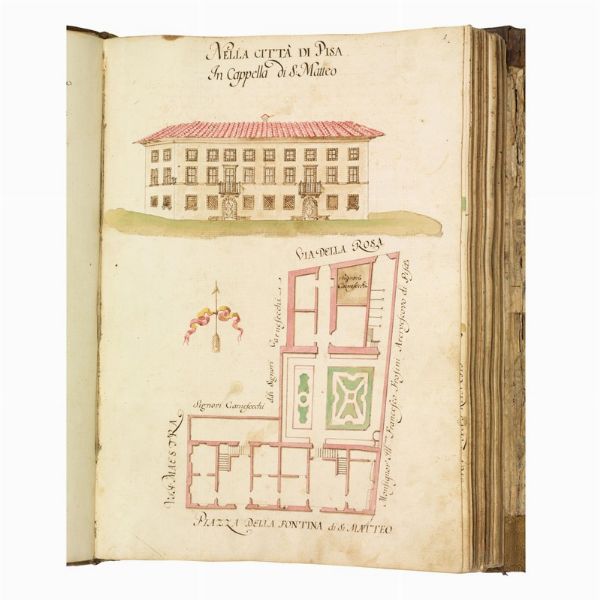 (Toscana storica - Vigneti - Alberi - Pisa - Livorno)   RINALDI, Giovanni Domenico.   Campione di piante, misure, descrizioni, e notitie di beni stabili, posti in diversi comuni … attinenti al S.r Corn.tà, Francesco del Sig. Corn. Lorenzo Casanuova … Delineato, et in parte misurato da me Gio.ni Dom.co Rinaldi questo presente anno 1719, e 1720.   [Pisa], 1720.  - Asta LIBRI, MANOSCRITTI E AUTOGRAFI - Associazione Nazionale - Case d'Asta italiane