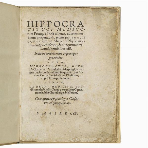 (Medicina)   HIPPOCRATES.   Hippocratis coi medicorum principis libelli aliquot, ad artem medicam præparatorij.   Basileæ (Basileæ, Ioannis Oporini, 1543).  - Asta LIBRI, MANOSCRITTI E AUTOGRAFI - Associazione Nazionale - Case d'Asta italiane