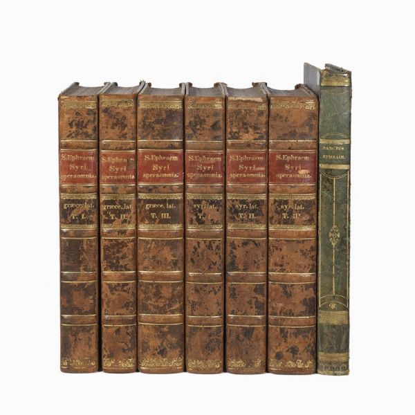 Ephraem Syrus - ASSEMANI, Giuseppe Simoni.   Tou en hagiois patros hemon Ephraim tou Syrou ta heuriskomena panta. Sancti patris nostri Ephraem Syri opera omnia quae exstant Graece, Syriace, Latine, in sex tomos distributa ad mss. codices Vaticanos aliosque castigata, multis aucta.   Romae. ex typographia Vaticana apud Joannem Mariam Henricum Salvioni, 1732-1746.  - Asta LIBRI, MANOSCRITTI E AUTOGRAFI - Associazione Nazionale - Case d'Asta italiane