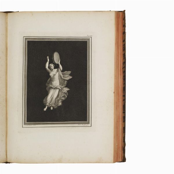 [ERCOLANO].   Le pitture antiche d’Ercolano e contorni incise con qualche spiegazione.   Napoli, nella Regia Stamperia, 1757-1779.   In folio (478 x 355 mm). Frontespizio calcografico, [2] carte, ritratto calcografico di Carlo III, [2] carte, mappa a doppia pagina del golfo di Napoli (forellino al centro), 279 [9] pagine e 50 tavole comprese nella paginazione (di cui una a doppia pagina e una più volte ripiegata) (carte occasionalmente ingiallite o fiorite ai margini). Piena pelle coeva, dorso a nervi con compartimenti riccamente dorati, il primo secondo con tassello, tagli rossi, contropiatti marmorizzati.     [CON:]   VISCONTI, Filippo Aurelio - GUATTANI, Giuseppe Antonio.   Il Museo Chiaramonti. Tomo primo.   Roma, Antonio d’Este e Gaspare Capparone, 1808.   In folio atlantico (625 x 443 mm). 40 (di 44) tavole numerate, più una tavola aggiuntiva. Mezzo vitellino coevo con angoli, dorso con decorazioni dorate (piatto anteriore quasi staccato, dorso con restauro, sbucciature e abrasioni). Assenti le tavole XVIII, XXV, XXIX, XXXV, aloni d’umidità al margine inferiore e superiore, più accentuati alle carte finali.  - Asta LIBRI, MANOSCRITTI E AUTOGRAFI - Associazione Nazionale - Case d'Asta italiane