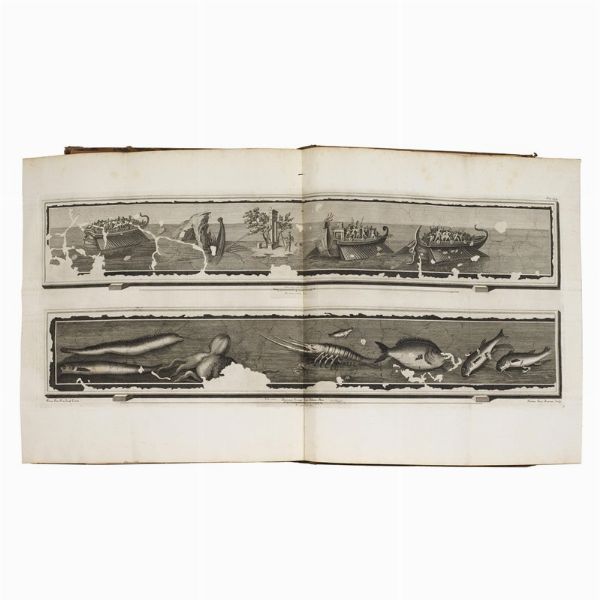 [ERCOLANO].   Le pitture antiche d’Ercolano e contorni incise con qualche spiegazione.   Napoli, nella Regia Stamperia, 1757-1779.   In folio (478 x 355 mm). Frontespizio calcografico, [2] carte, ritratto calcografico di Carlo III, [2] carte, mappa a doppia pagina del golfo di Napoli (forellino al centro), 279 [9] pagine e 50 tavole comprese nella paginazione (di cui una a doppia pagina e una più volte ripiegata) (carte occasionalmente ingiallite o fiorite ai margini). Piena pelle coeva, dorso a nervi con compartimenti riccamente dorati, il primo secondo con tassello, tagli rossi, contropiatti marmorizzati.     [CON:]   VISCONTI, Filippo Aurelio - GUATTANI, Giuseppe Antonio.   Il Museo Chiaramonti. Tomo primo.   Roma, Antonio d’Este e Gaspare Capparone, 1808.   In folio atlantico (625 x 443 mm). 40 (di 44) tavole numerate, più una tavola aggiuntiva. Mezzo vitellino coevo con angoli, dorso con decorazioni dorate (piatto anteriore quasi staccato, dorso con restauro, sbucciature e abrasioni). Assenti le tavole XVIII, XXV, XXIX, XXXV, aloni d’umidità al margine inferiore e superiore, più accentuati alle carte finali.  - Asta LIBRI, MANOSCRITTI E AUTOGRAFI - Associazione Nazionale - Case d'Asta italiane