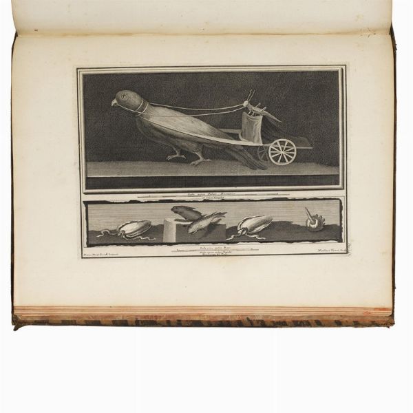 [ERCOLANO].   Le pitture antiche d’Ercolano e contorni incise con qualche spiegazione.   Napoli, nella Regia Stamperia, 1757-1779.   In folio (478 x 355 mm). Frontespizio calcografico, [2] carte, ritratto calcografico di Carlo III, [2] carte, mappa a doppia pagina del golfo di Napoli (forellino al centro), 279 [9] pagine e 50 tavole comprese nella paginazione (di cui una a doppia pagina e una più volte ripiegata) (carte occasionalmente ingiallite o fiorite ai margini). Piena pelle coeva, dorso a nervi con compartimenti riccamente dorati, il primo secondo con tassello, tagli rossi, contropiatti marmorizzati.     [CON:]   VISCONTI, Filippo Aurelio - GUATTANI, Giuseppe Antonio.   Il Museo Chiaramonti. Tomo primo.   Roma, Antonio d’Este e Gaspare Capparone, 1808.   In folio atlantico (625 x 443 mm). 40 (di 44) tavole numerate, più una tavola aggiuntiva. Mezzo vitellino coevo con angoli, dorso con decorazioni dorate (piatto anteriore quasi staccato, dorso con restauro, sbucciature e abrasioni). Assenti le tavole XVIII, XXV, XXIX, XXXV, aloni d’umidità al margine inferiore e superiore, più accentuati alle carte finali.  - Asta LIBRI, MANOSCRITTI E AUTOGRAFI - Associazione Nazionale - Case d'Asta italiane