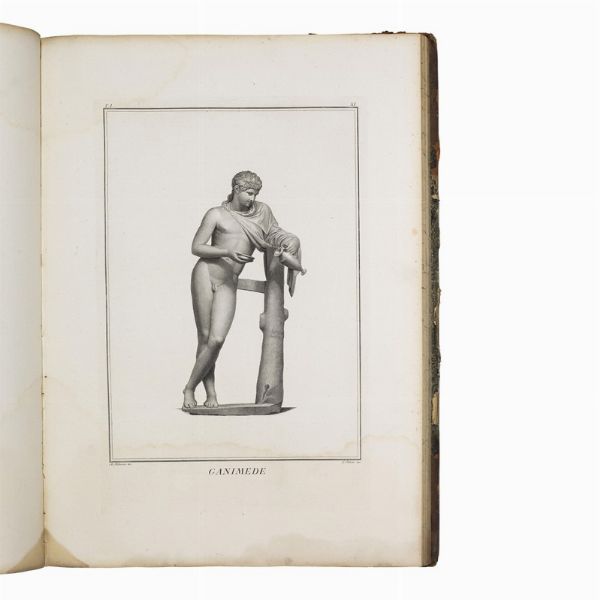 [ERCOLANO].   Le pitture antiche d’Ercolano e contorni incise con qualche spiegazione.   Napoli, nella Regia Stamperia, 1757-1779.   In folio (478 x 355 mm). Frontespizio calcografico, [2] carte, ritratto calcografico di Carlo III, [2] carte, mappa a doppia pagina del golfo di Napoli (forellino al centro), 279 [9] pagine e 50 tavole comprese nella paginazione (di cui una a doppia pagina e una più volte ripiegata) (carte occasionalmente ingiallite o fiorite ai margini). Piena pelle coeva, dorso a nervi con compartimenti riccamente dorati, il primo secondo con tassello, tagli rossi, contropiatti marmorizzati.     [CON:]   VISCONTI, Filippo Aurelio - GUATTANI, Giuseppe Antonio.   Il Museo Chiaramonti. Tomo primo.   Roma, Antonio d’Este e Gaspare Capparone, 1808.   In folio atlantico (625 x 443 mm). 40 (di 44) tavole numerate, più una tavola aggiuntiva. Mezzo vitellino coevo con angoli, dorso con decorazioni dorate (piatto anteriore quasi staccato, dorso con restauro, sbucciature e abrasioni). Assenti le tavole XVIII, XXV, XXIX, XXXV, aloni d’umidità al margine inferiore e superiore, più accentuati alle carte finali.  - Asta LIBRI, MANOSCRITTI E AUTOGRAFI - Associazione Nazionale - Case d'Asta italiane