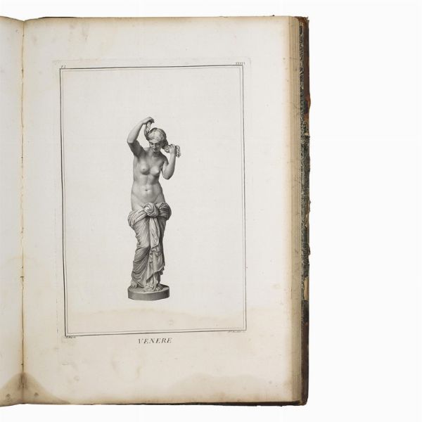 [ERCOLANO].   Le pitture antiche d’Ercolano e contorni incise con qualche spiegazione.   Napoli, nella Regia Stamperia, 1757-1779.   In folio (478 x 355 mm). Frontespizio calcografico, [2] carte, ritratto calcografico di Carlo III, [2] carte, mappa a doppia pagina del golfo di Napoli (forellino al centro), 279 [9] pagine e 50 tavole comprese nella paginazione (di cui una a doppia pagina e una più volte ripiegata) (carte occasionalmente ingiallite o fiorite ai margini). Piena pelle coeva, dorso a nervi con compartimenti riccamente dorati, il primo secondo con tassello, tagli rossi, contropiatti marmorizzati.     [CON:]   VISCONTI, Filippo Aurelio - GUATTANI, Giuseppe Antonio.   Il Museo Chiaramonti. Tomo primo.   Roma, Antonio d’Este e Gaspare Capparone, 1808.   In folio atlantico (625 x 443 mm). 40 (di 44) tavole numerate, più una tavola aggiuntiva. Mezzo vitellino coevo con angoli, dorso con decorazioni dorate (piatto anteriore quasi staccato, dorso con restauro, sbucciature e abrasioni). Assenti le tavole XVIII, XXV, XXIX, XXXV, aloni d’umidità al margine inferiore e superiore, più accentuati alle carte finali.  - Asta LIBRI, MANOSCRITTI E AUTOGRAFI - Associazione Nazionale - Case d'Asta italiane