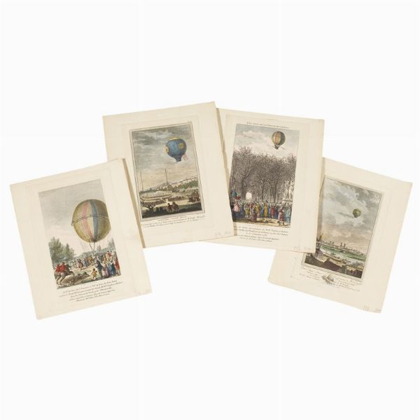 [STAMPE 800 - AEROSTATICA]. Lotto di 4 piccole incisioni calcografiche sciolte, colorate a mano, che illustrano i primi voli in mongolfiera, ca. 226 x 190 mm.  - Asta LIBRI, MANOSCRITTI E AUTOGRAFI - Associazione Nazionale - Case d'Asta italiane