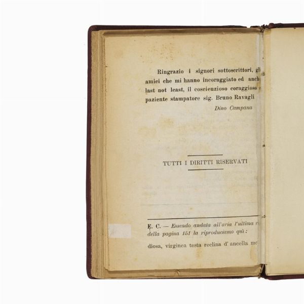 (CAMPANA, Dino.   Canti Orfici.   Marradi, Tipografia F. Ravagli, 1914).  - Asta LIBRI, MANOSCRITTI E AUTOGRAFI - Associazione Nazionale - Case d'Asta italiane