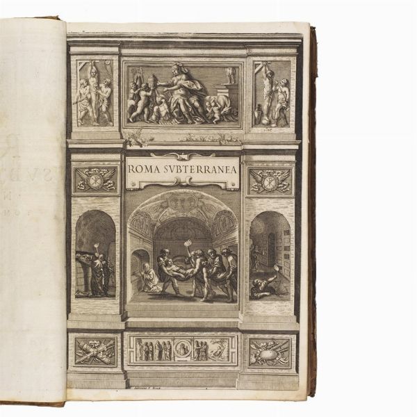 (Roma - Illustrati 600)   BOSIO, Antonio - ARINGHI, Paolo.   Roma subterranea novissima.   Romae, expensis Blasij Diuersini, & Zanobij Masotti bibliopolarum. Typis Vitalis Mascardi, 1651.   2 volumi in folio, legatura coeva in piena pelle (difetti), 1 tavola ripiegata nel primo volume, 6 tavole ripiegate nel secondo, foro di tarlo, bruniture e altri difetti vari. Si aggiunge altra copia della stessa opera in legatura coeva con armi cardinalizie, non collazionata, difettosa (dorsi molto sciupati, grande gora al primo volume, ecc.)  - Asta LIBRI, MANOSCRITTI E AUTOGRAFI - Associazione Nazionale - Case d'Asta italiane