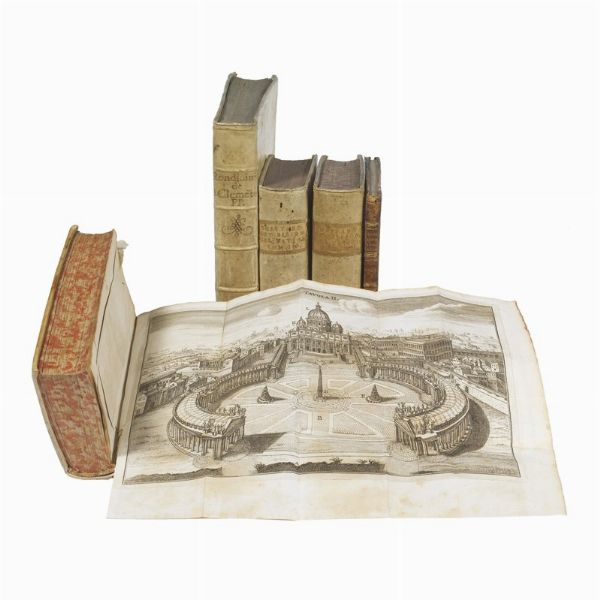 (Roma - Basiliche - Illustrati 700)   RONDININI, Filippo.   De S. Clemente papa et martyre ejusque basilica in urbe Roma libri duo.   Romae, excudebat Franciscus Gonzaga in via Lata, 1706.   In 4to in pergamena semi-rigida coeva con titolo manoscritto al dorso, tagli spruzzati, collazionato completo con 4 tavole calcografiche ripiegate raffiguranti l’esterno l’interno e il coro della basilica di S. Clemente, qualche pallida brunitura, strappo a Mm2, pallido alone al margine superiore. [CON:]   Chattard, Gio. Pietro.   Nuova descrizione del Vaticano o sia della sacrosanta Basilica di S. Pietro.   In Roma, per gli eredi Barbiellini, 1762-1767.   3 volumi non collazionati in 8vo piccolo in pergamena rigida coeva con tasselli dorati al dorso, tagli spruzzati di rosso, 6 belle tavole calcografiche ripiegate al fondo del primo volume, sporadiche fioriture, carte occasionalmente brunite nel secondo volume. Guida dettagliata della Basilica e del palazzo Vaticano. [CON:]   SIMON, Richard.    Istoria dell’origine e del progresso delle rendite ecclesiastiche.   In Venezia, appresso Guglielmo Zerletti, 1768.   In 8vo piccolo in mezza pelle coeva, antiporta incisa, presente il solo primo volume.  - Asta LIBRI, MANOSCRITTI E AUTOGRAFI - Associazione Nazionale - Case d'Asta italiane