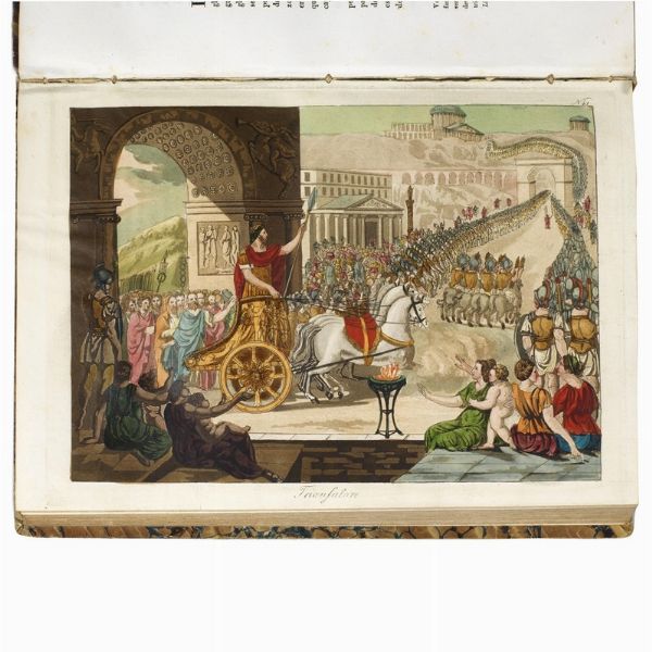 (Roma - Illustrati 800)   Grasset de Saint-Sauveur, Jacques.   L’antica Roma ovvero Descrizione storica e pittorica di tutto ciò che riguarda il popolo romano ne’ suoi costumi militari religiosi pubblici e privati  . Bergamo, Stamperia Mazzoleni, 1825.   In folio in mezzo marocchino coevo, dorso liscio riccamente decorato in oro (rotto alla cerniera anteriore, sbucciature e abrasioni, piatto anteriore staccato), frontespizio e tavole colorate a mano, ritratto dell’autore, fioriture occasionali ai margini, non collazionato ma ricco di belle tavole in splendida e vivida coloritura. Collazione su richiesta.  - Asta LIBRI, MANOSCRITTI E AUTOGRAFI - Associazione Nazionale - Case d'Asta italiane