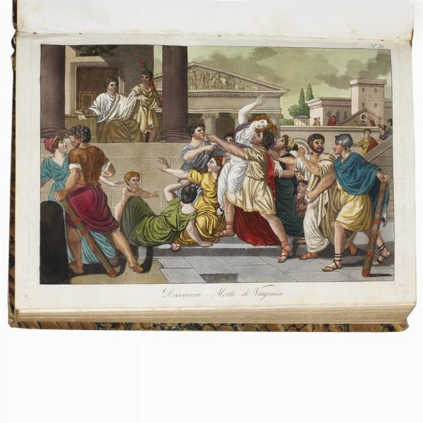 (Roma - Illustrati 800)   Grasset de Saint-Sauveur, Jacques.   L’antica Roma ovvero Descrizione storica e pittorica di tutto ciò che riguarda il popolo romano ne’ suoi costumi militari religiosi pubblici e privati  . Bergamo, Stamperia Mazzoleni, 1825.   In folio in mezzo marocchino coevo, dorso liscio riccamente decorato in oro (rotto alla cerniera anteriore, sbucciature e abrasioni, piatto anteriore staccato), frontespizio e tavole colorate a mano, ritratto dell’autore, fioriture occasionali ai margini, non collazionato ma ricco di belle tavole in splendida e vivida coloritura. Collazione su richiesta.  - Asta LIBRI, MANOSCRITTI E AUTOGRAFI - Associazione Nazionale - Case d'Asta italiane