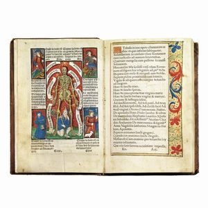 (Libro d’ore - Illustrati 500)   Hore diuine virginis Marie secundum vsum Romanum cum alijs multis folio sequenti notatis vna cum figuris Apocalipsis & destructio Hierusalem & multis figuris, Biblie insertis.   (Parisius nouiter īpressum p[er] Germano Hardouyn Librario. Cōmorante inter duas portas Palatij ad intersignium sancte margarete. Anno dñi. M.ccccc.xxxiij). [1533].  - Asta LIBRI, MANOSCRITTI E AUTOGRAFI - Associazione Nazionale - Case d'Asta italiane