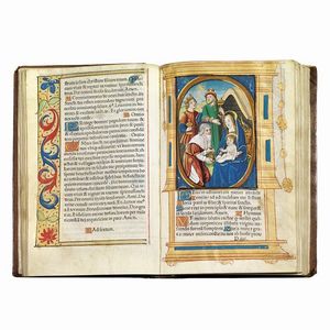 (Libro d’ore - Illustrati 500)   Hore diuine virginis Marie secundum vsum Romanum cum alijs multis folio sequenti notatis vna cum figuris Apocalipsis & destructio Hierusalem & multis figuris, Biblie insertis.   (Parisius nouiter īpressum p[er] Germano Hardouyn Librario. Cōmorante inter duas portas Palatij ad intersignium sancte margarete. Anno dñi. M.ccccc.xxxiij). [1533].  - Asta LIBRI, MANOSCRITTI E AUTOGRAFI - Associazione Nazionale - Case d'Asta italiane