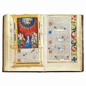 (Libro d’ore - Illustrati 500)   Hore diuine virginis Marie secundum vsum Romanum cum alijs multis folio sequenti notatis vna cum figuris Apocalipsis & destructio Hierusalem & multis figuris, Biblie insertis.   (Parisius nouiter īpressum p[er] Germano Hardouyn Librario. Cōmorante inter duas portas Palatij ad intersignium sancte margarete. Anno dñi. M.ccccc.xxxiij). [1533].  - Asta LIBRI, MANOSCRITTI E AUTOGRAFI - Associazione Nazionale - Case d'Asta italiane