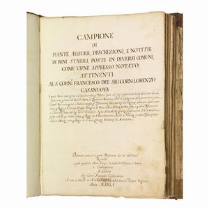 (Toscana storica - Vigneti - Alberi - Pisa - Livorno)   RINALDI, Giovanni Domenico.   Campione di piante, misure, descrizioni, e notitie di beni stabili, posti in diversi comuni … attinenti al S.r Corn.tà, Francesco del Sig. Corn. Lorenzo Casanuova … Delineato, et in parte misurato da me Gio.ni Dom.co Rinaldi questo presente anno 1719, e 1720.   [Pisa], 1720.  - Asta LIBRI, MANOSCRITTI E AUTOGRAFI - Associazione Nazionale - Case d'Asta italiane