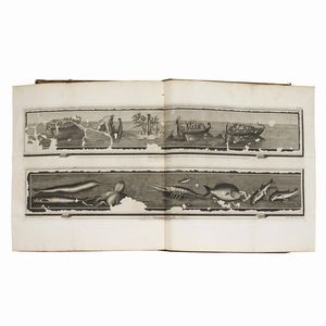 [ERCOLANO].   Le pitture antiche d’Ercolano e contorni incise con qualche spiegazione.   Napoli, nella Regia Stamperia, 1757-1779.   In folio (478 x 355 mm). Frontespizio calcografico, [2] carte, ritratto calcografico di Carlo III, [2] carte, mappa a doppia pagina del golfo di Napoli (forellino al centro), 279 [9] pagine e 50 tavole comprese nella paginazione (di cui una a doppia pagina e una più volte ripiegata) (carte occasionalmente ingiallite o fiorite ai margini). Piena pelle coeva, dorso a nervi con compartimenti riccamente dorati, il primo secondo con tassello, tagli rossi, contropiatti marmorizzati.     [CON:]   VISCONTI, Filippo Aurelio - GUATTANI, Giuseppe Antonio.   Il Museo Chiaramonti. Tomo primo.   Roma, Antonio d’Este e Gaspare Capparone, 1808.   In folio atlantico (625 x 443 mm). 40 (di 44) tavole numerate, più una tavola aggiuntiva. Mezzo vitellino coevo con angoli, dorso con decorazioni dorate (piatto anteriore quasi staccato, dorso con restauro, sbucciature e abrasioni). Assenti le tavole XVIII, XXV, XXIX, XXXV, aloni d’umidità al margine inferiore e superiore, più accentuati alle carte finali.  - Asta LIBRI, MANOSCRITTI E AUTOGRAFI - Associazione Nazionale - Case d'Asta italiane