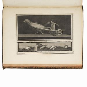 [ERCOLANO].   Le pitture antiche d’Ercolano e contorni incise con qualche spiegazione.   Napoli, nella Regia Stamperia, 1757-1779.   In folio (478 x 355 mm). Frontespizio calcografico, [2] carte, ritratto calcografico di Carlo III, [2] carte, mappa a doppia pagina del golfo di Napoli (forellino al centro), 279 [9] pagine e 50 tavole comprese nella paginazione (di cui una a doppia pagina e una più volte ripiegata) (carte occasionalmente ingiallite o fiorite ai margini). Piena pelle coeva, dorso a nervi con compartimenti riccamente dorati, il primo secondo con tassello, tagli rossi, contropiatti marmorizzati.     [CON:]   VISCONTI, Filippo Aurelio - GUATTANI, Giuseppe Antonio.   Il Museo Chiaramonti. Tomo primo.   Roma, Antonio d’Este e Gaspare Capparone, 1808.   In folio atlantico (625 x 443 mm). 40 (di 44) tavole numerate, più una tavola aggiuntiva. Mezzo vitellino coevo con angoli, dorso con decorazioni dorate (piatto anteriore quasi staccato, dorso con restauro, sbucciature e abrasioni). Assenti le tavole XVIII, XXV, XXIX, XXXV, aloni d’umidità al margine inferiore e superiore, più accentuati alle carte finali.  - Asta LIBRI, MANOSCRITTI E AUTOGRAFI - Associazione Nazionale - Case d'Asta italiane