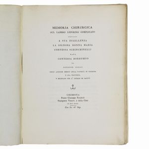 (Medicina - Illustrati 700)   SONSIS, Giuseppe.   Memoria chirurgica sul labbro leporino complicato.   Cremona, Giuseppe Feraboli, 1793.  - Asta LIBRI, MANOSCRITTI E AUTOGRAFI - Associazione Nazionale - Case d'Asta italiane