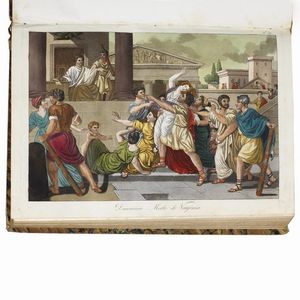 (Roma - Illustrati 800)   Grasset de Saint-Sauveur, Jacques.   L’antica Roma ovvero Descrizione storica e pittorica di tutto ciò che riguarda il popolo romano ne’ suoi costumi militari religiosi pubblici e privati  . Bergamo, Stamperia Mazzoleni, 1825.   In folio in mezzo marocchino coevo, dorso liscio riccamente decorato in oro (rotto alla cerniera anteriore, sbucciature e abrasioni, piatto anteriore staccato), frontespizio e tavole colorate a mano, ritratto dell’autore, fioriture occasionali ai margini, non collazionato ma ricco di belle tavole in splendida e vivida coloritura. Collazione su richiesta.  - Asta LIBRI, MANOSCRITTI E AUTOGRAFI - Associazione Nazionale - Case d'Asta italiane
