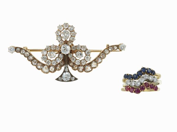 Spilla e anelli con diamanti di vecchio taglio, rubini e zaffiri  - Asta Fine Jewels - Associazione Nazionale - Case d'Asta italiane