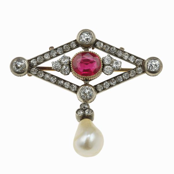 Spilla con perla naturale e gemma sintetica  - Asta Fine Jewels - Associazione Nazionale - Case d'Asta italiane