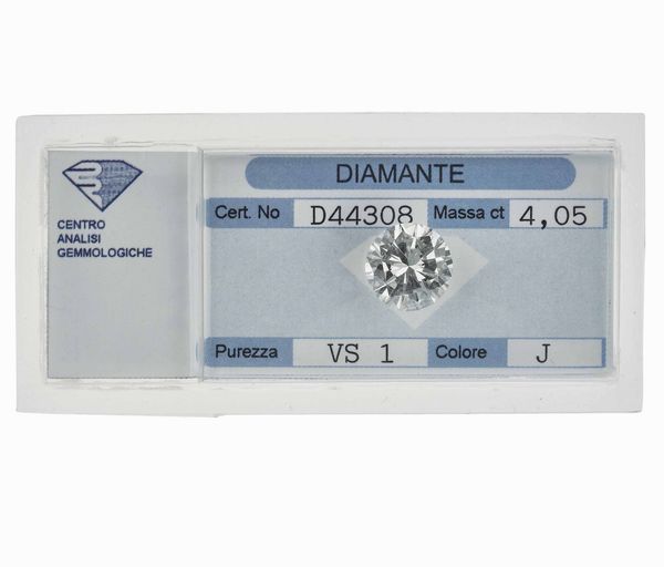 Diamante taglio brillante di ct 4.05, colore J, caratteristiche interne VS1, fluorescenza UV debole  - Asta Fine Jewels - Associazione Nazionale - Case d'Asta italiane