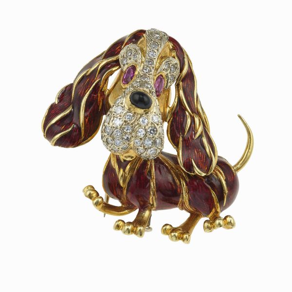 Frascarolo. Spilla cane con smalti, diamanti e rubini  - Asta Fine Jewels - Associazione Nazionale - Case d'Asta italiane