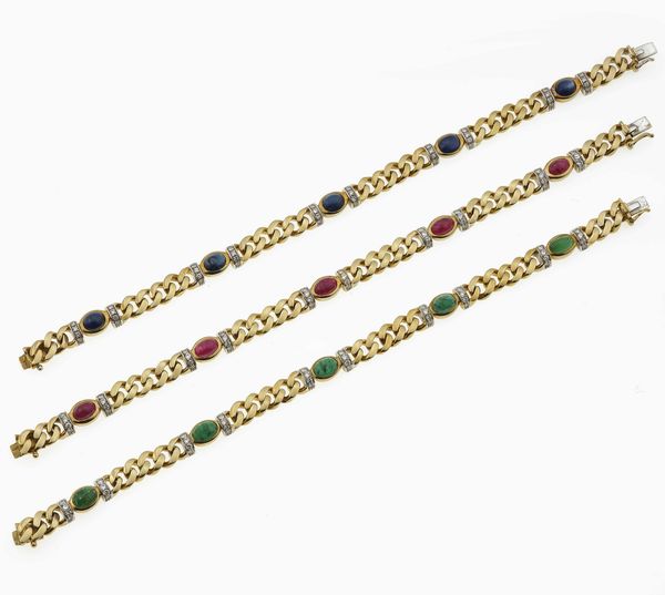 Tre bracciale con rubini, zaffiri, smeraldi e diamanti  - Asta Fine Jewels - Associazione Nazionale - Case d'Asta italiane