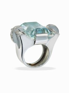 Anello con grande acquamarina e diamanti  - Asta Fine Jewels - Associazione Nazionale - Case d'Asta italiane