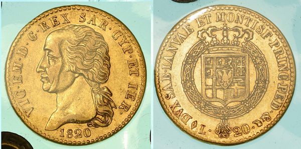 REGNO DI SARDEGNA.  VITTORIO EMANUELE I DI SAVOIA, 1802-1821. 20 Lire 1820 (I tipo). Torino.  - Asta Numismatica - Associazione Nazionale - Case d'Asta italiane