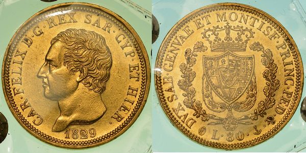 REGNO DI SARDEGNA. CARLO FELICE DI SAVOIA, 1821-1831. 80 Lire 1829. Genova.  - Asta Numismatica - Associazione Nazionale - Case d'Asta italiane